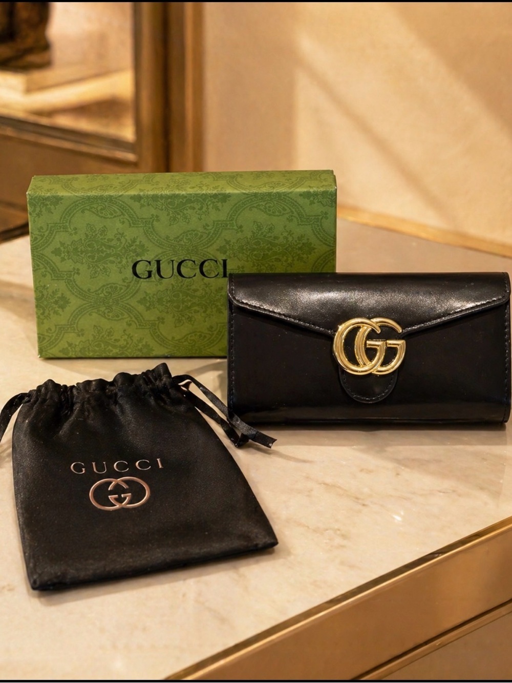 AUTHENTIC GUCCI GOLD GG MARMONT CALFSKIN LEATHER WALLET W/BOX -DUST BAG